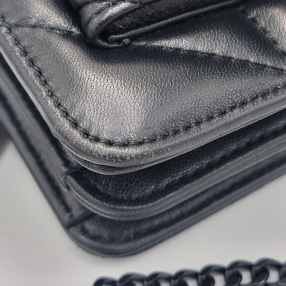 Black Quilted Genuine Leather Crossbody Bag With Chain Strap & Magnetic Closure - Picture 7 of 12